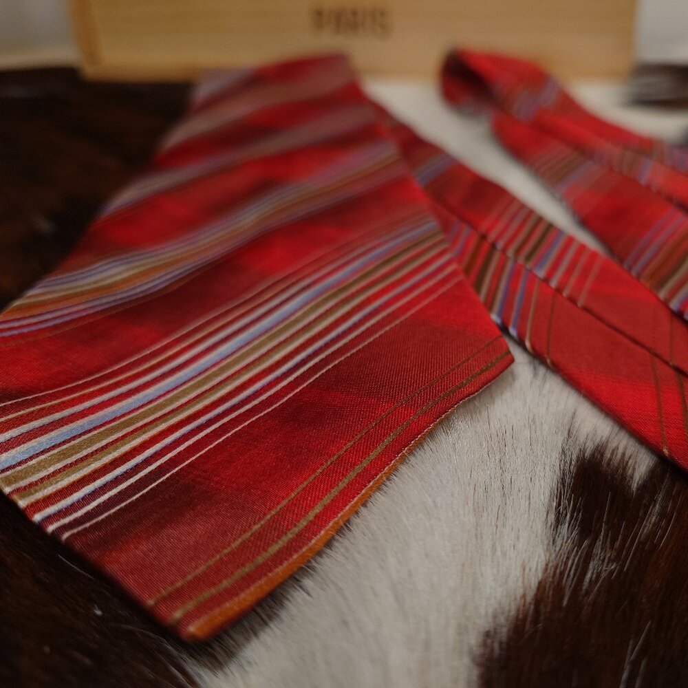 Orvieto Red, Tan, Blue, Grey Striped Silk Tie
